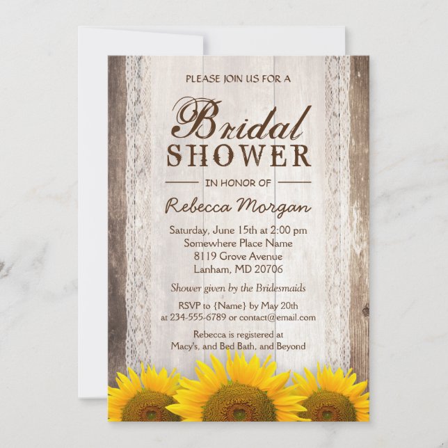 Rustic Bridal Shower Sunflowers Lace Barn Wood Invitation (Front)