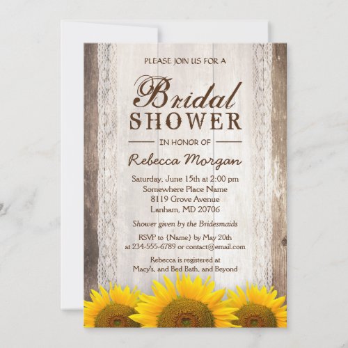 Rustic Bridal Shower Sunflowers Lace Barn Wood 5x7 Paper Invitation Card