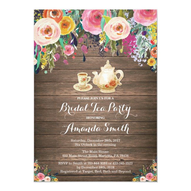 Rustic Bridal Shower Tea Party Invitation Floral
