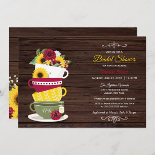 Rustic Bridal Shower Tea Party Roses & Sunflowers Invitation