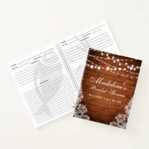 Rustic Bridal Shower Wood Lights Lace Recipe Notebook