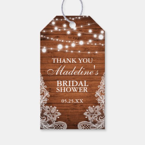 Rustic Bridal Shower Wood Lights Lace Thank You Gift Tags