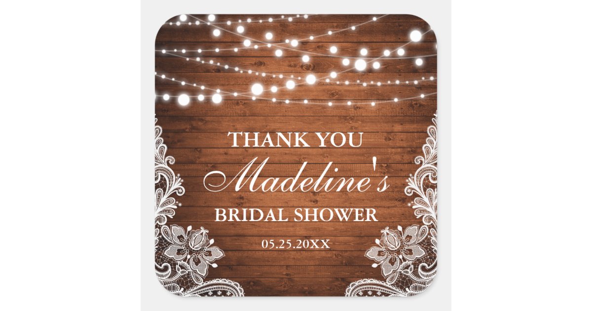Rustic Bridal Shower Wood String Lace Thank You Square Sticker | Zazzle