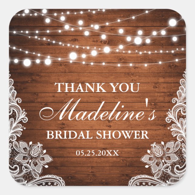 Rustic Bridal Shower Wood String Lace Thank You Square Sticker (Front)