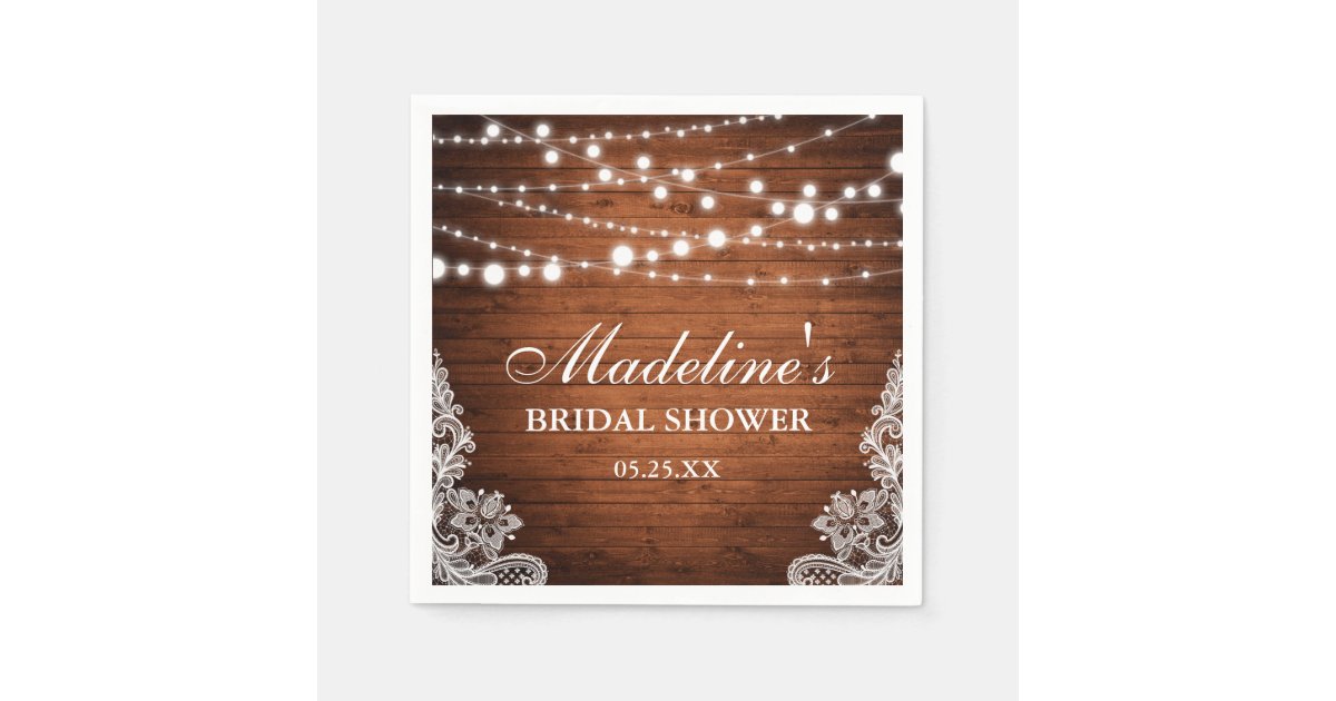 Rustic Bridal Shower Wood String Lights Lace Napkins | Zazzle