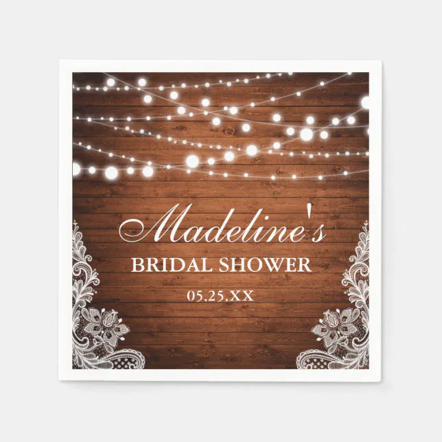 Rustic Bridal Shower Wood String Lights Lace Napkins | Zazzle