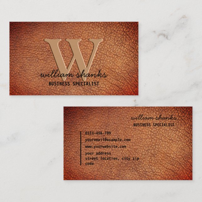 Rustic bright brown leather monogram black script business card (Front/Back)