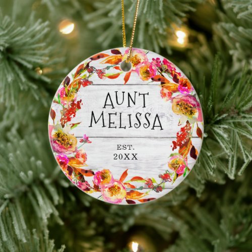 Rustic Bright Floral Wreath Personalized New Aunt Ceramic Ornament