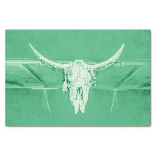 Rustic Bright Green White Western Bull Cow Skull Tissue Paper