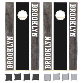 Rustic Brooklyn Wood Black White Stripes Sports Cornhole Set