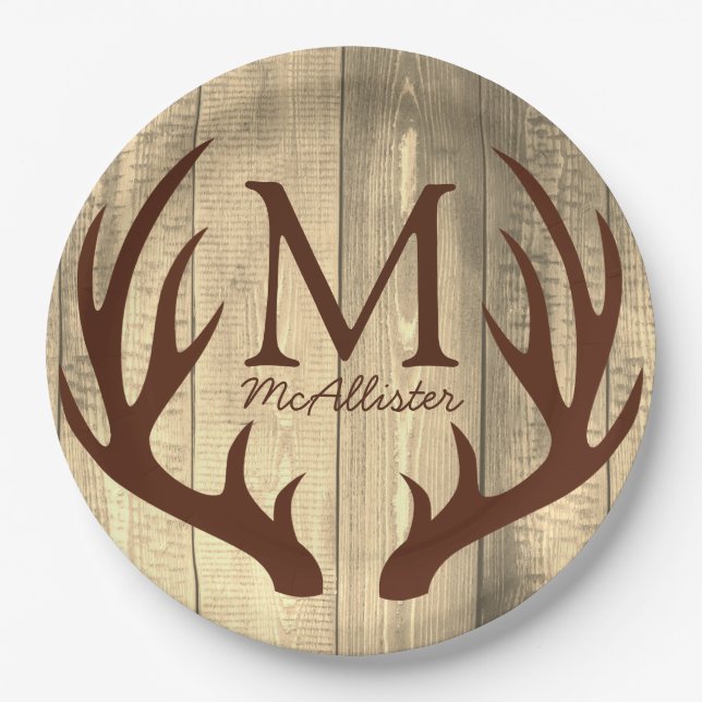 Rustic Brow Deer Antlers Antique Wood Paper Plates (Front)