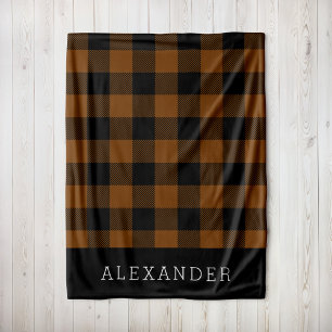 Rustic Brown and Black Buffalo Check Monogram Fleece Blanket
