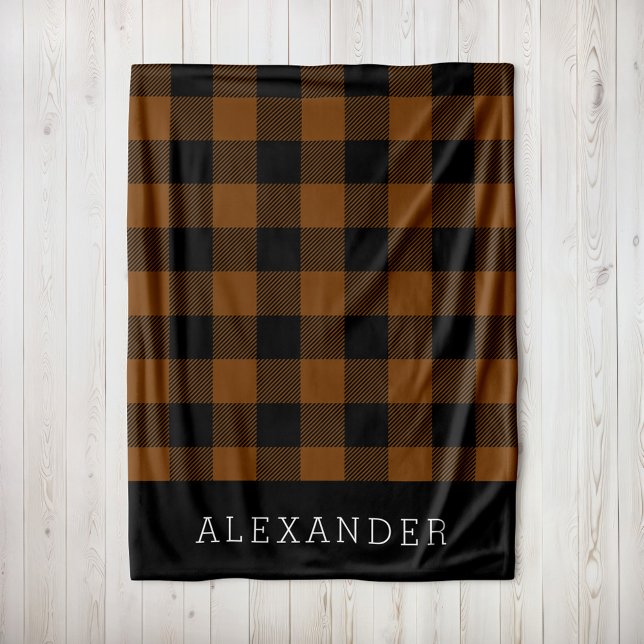 Rustic Brown and Black Buffalo Check Monogram Fleece Blanket (Creator Uploaded)