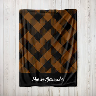 Rustic Brown and Black Buffalo Check Monogram Fleece Blanket