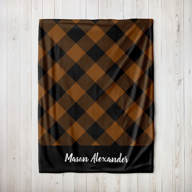 Rustic Brown and Black Buffalo Check Monogram Fleece Blanket (Creator Uploaded)