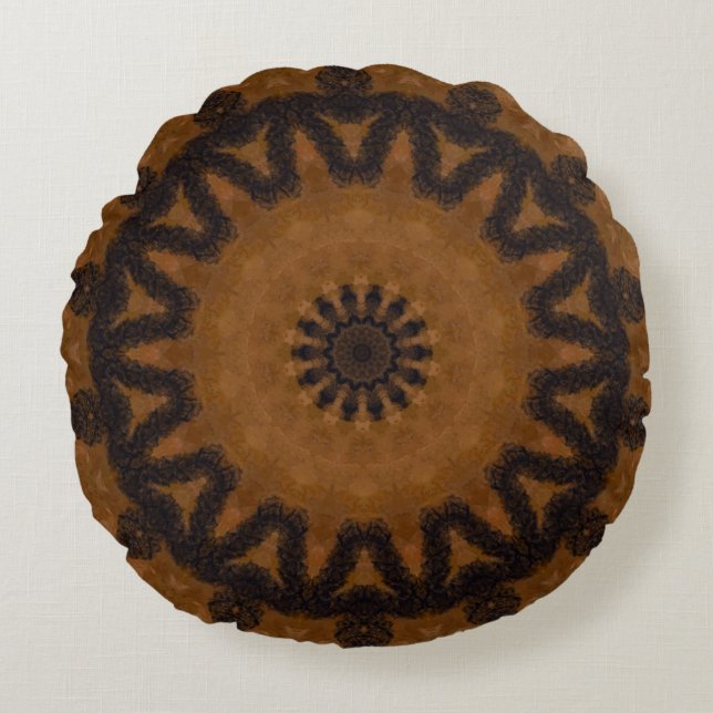 Rustic Brown and Black Wood Mandala Round Pillow (Front)