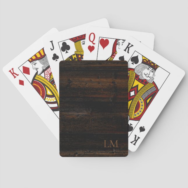 Rustic Brown and Black Wood Monogram Poker Cards (Back)