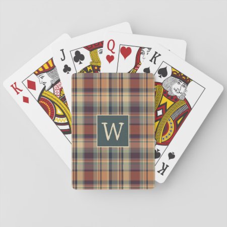 Rustic Brown And Cream Plaid Monogram Playing Cards