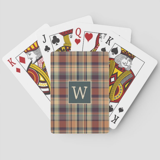 Rustic Brown and Cream Plaid Monogram Poker Cards (Back)