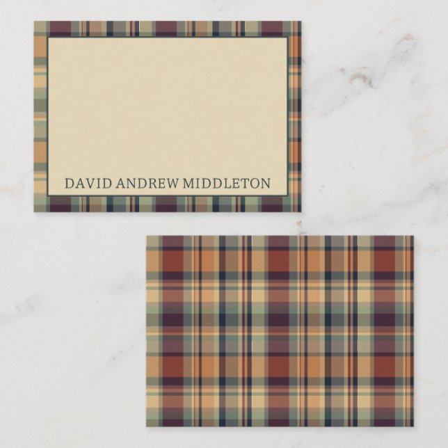 Rustic Brown and Cream Plaid Personalized Note Card (Front/Back)