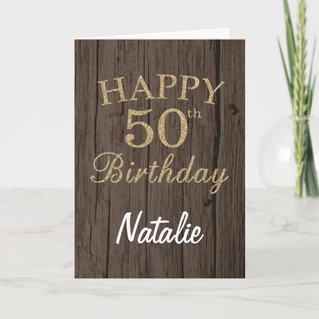 Rustic Brown and Gold Glitter 50th Birthday Card (Front)