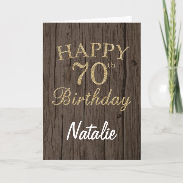 Rustic Brown and Gold Glitter 70th Birthday Card (Front)