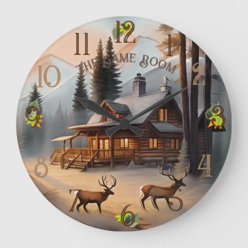 Rustic Brown and Grey Watercolor Log Home Large Clock