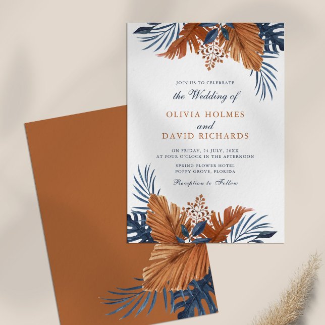 Rustic Brown and Midnight Blue Leaves Wedding Invitation (Rustic Brown and Midnight Blue Leaves Wedding Invitation on a table.)