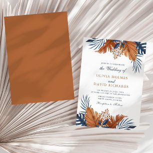 Rustic Brown and Midnight Blue Leaves Wedding Invitation