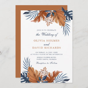 Rustic Brown and Midnight Blue Leaves Wedding Invitation