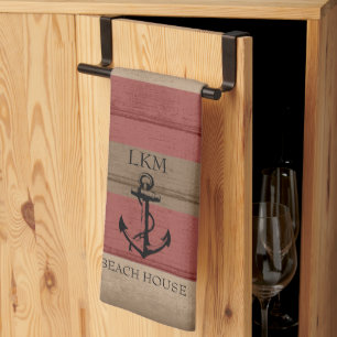 Rustic Brown and Red Wood Nautical - Monogram Kitchen Towel