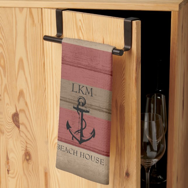 Rustic Brown and Red Wood Nautical - Monogram Kitchen Towel (Thirds Fold)