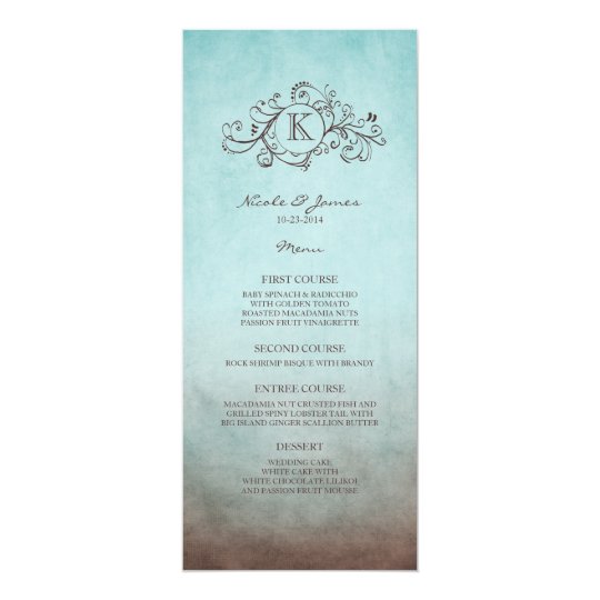 Rustic Brown and Teal Bohemian Wedding Menu Card