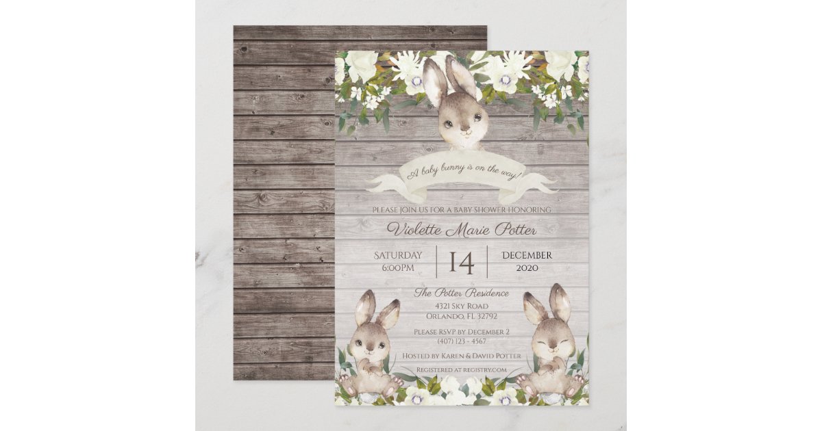 Rustic Brown and White Bunny Rabbit Baby Shower Invitation | Zazzle