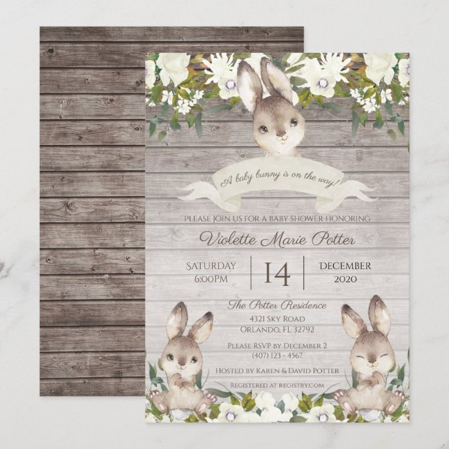 Rustic Brown and White Bunny Rabbit Baby Shower Invitation (Front/Back)