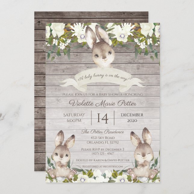 Rustic Brown and White Bunny Rabbit Baby Shower Invitation (Front/Back)