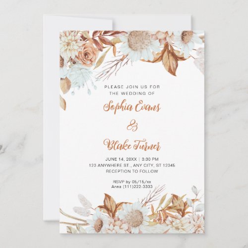 Rustic Brown and White Flowers Boho White Wedding Invitation