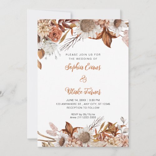 Rustic Brown and White Flowers Boho White Wedding Invitation