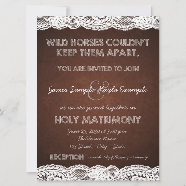 Rustic Brown and White Lace Country Wedding Invitation (Front)