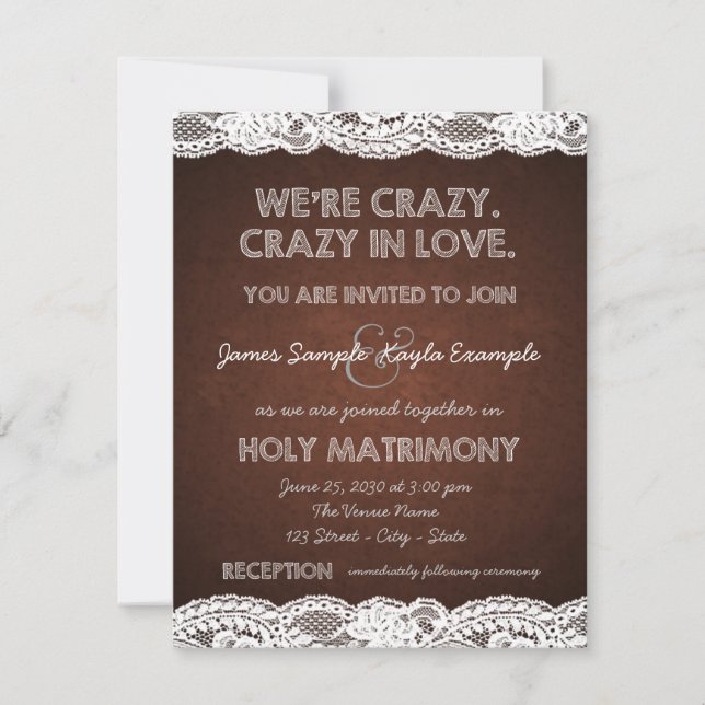 Rustic Brown and White Lace Wedding Invitation (Front)