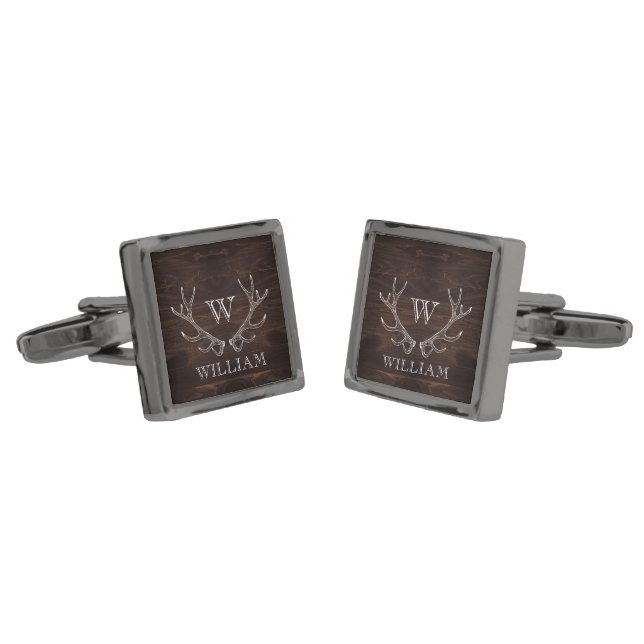 Rustic Brown Antler Monogrammed Groomsman Gift Cufflinks (Angled)