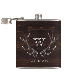 Rustic Brown Antler Monogrammed Groomsman Gift Flask