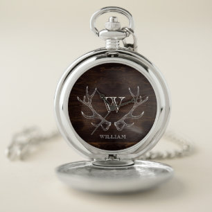 Rustic Brown Antler Monogrammed Groomsman Gift Pocket Watch