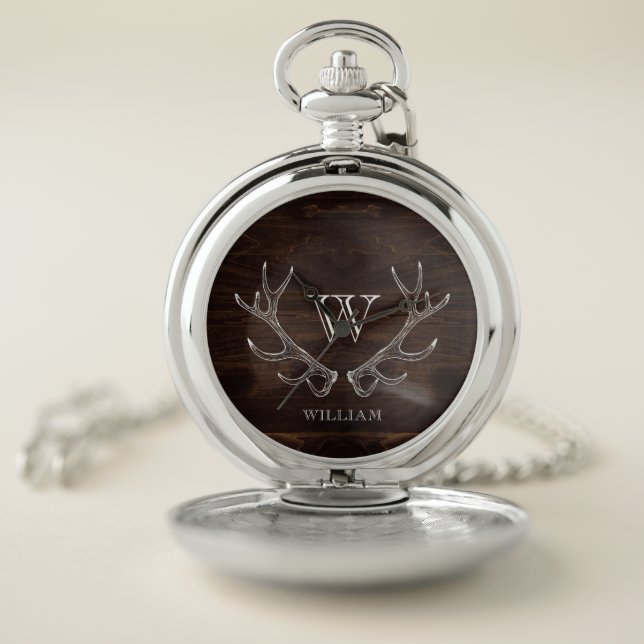 Rustic Brown Antler Monogrammed Groomsman Gift Pocket Watch (Inside)
