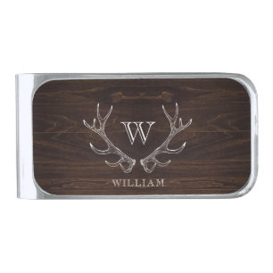 Rustic Brown Antler Monogrammed Groomsman Gift Silver Finish Money Clip