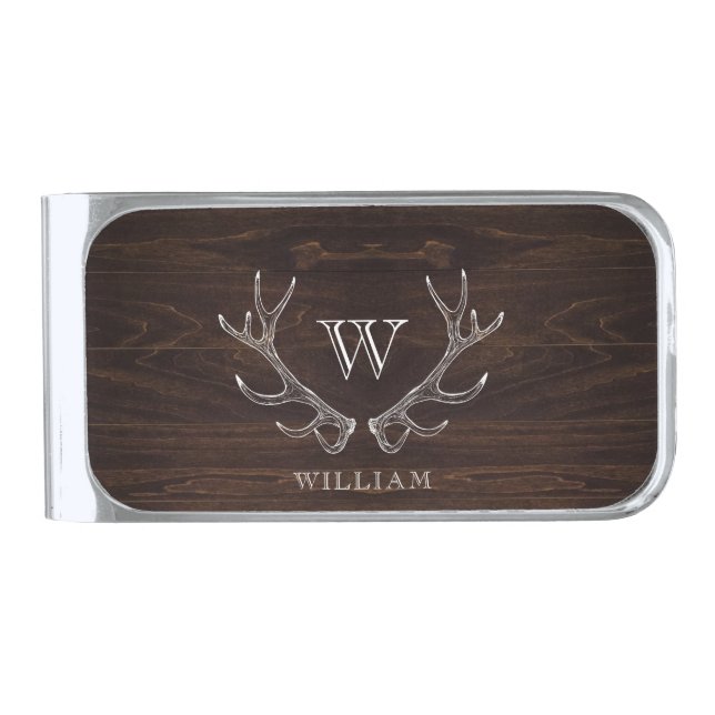 Rustic Brown Antler Monogrammed Groomsman Gift Silver Finish Money Clip (Front)