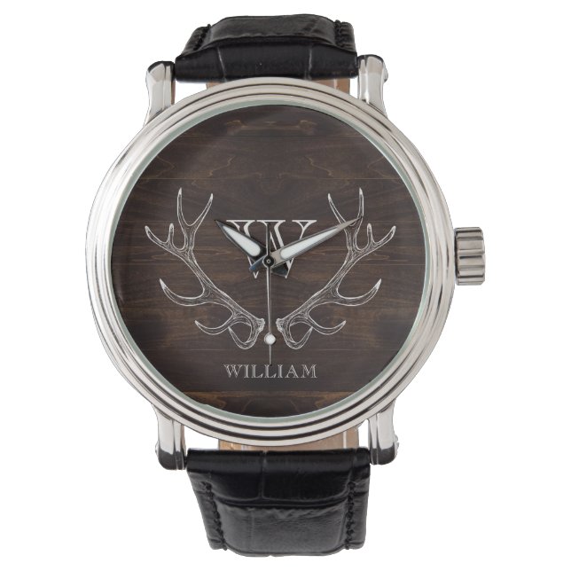 Rustic Brown Antler Monogrammed Groomsman Gift Watch (Front)