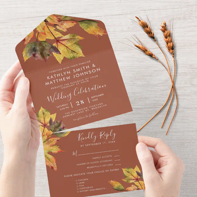 Rustic Brown Autumn Foliage Fall Wedding All In One Invitation | Zazzle