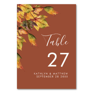 Rustic Brown Autumn Foliage Fall Wedding Table Number