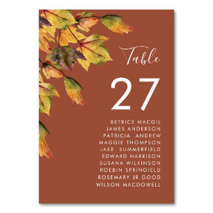 Rustic Brown Autumn Foliage Wedding Guest Name Table Number